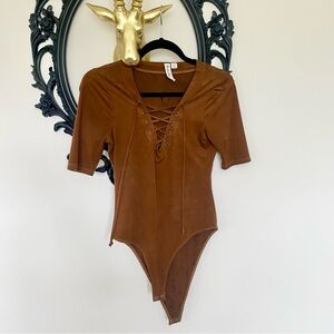 Others Follow Light Brown Tan Suede Zigzag Lacing Short Sleeve Bodysuit